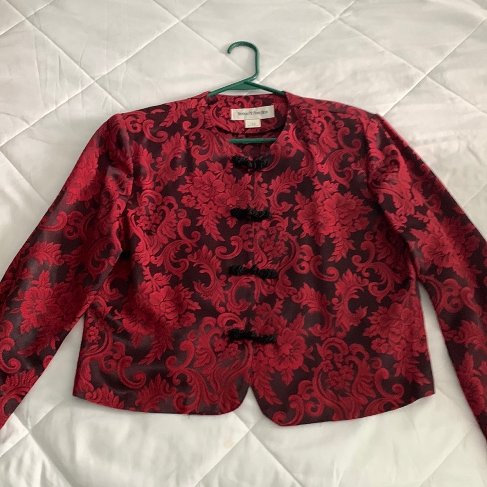 Red, short jacket.